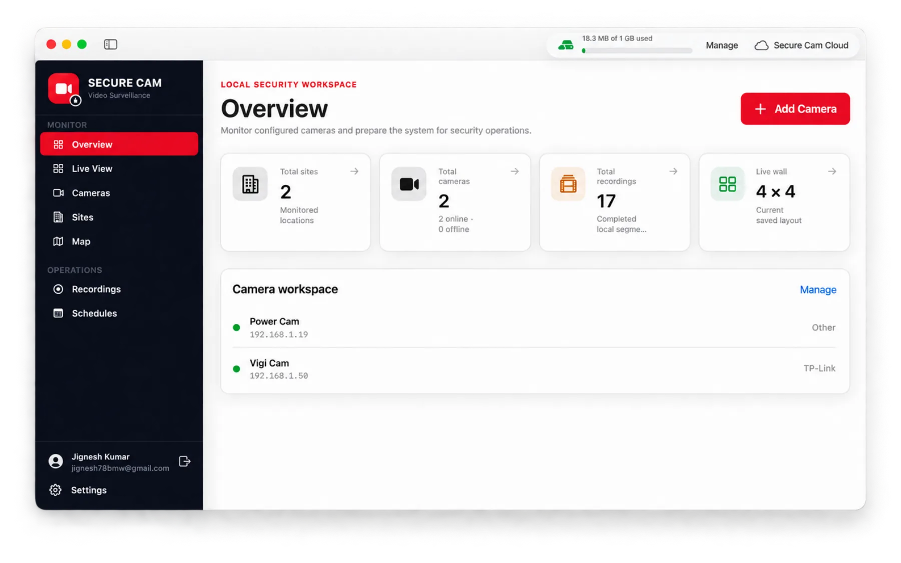 Secure Cam Overview window on macOS showing sites, cameras, recordings and live wall stats