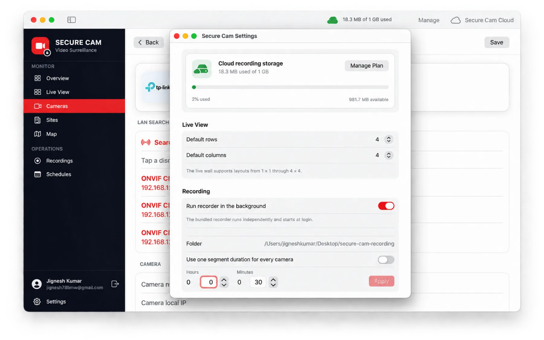 Secure Cam settings with cloud recording storage and background recorder options