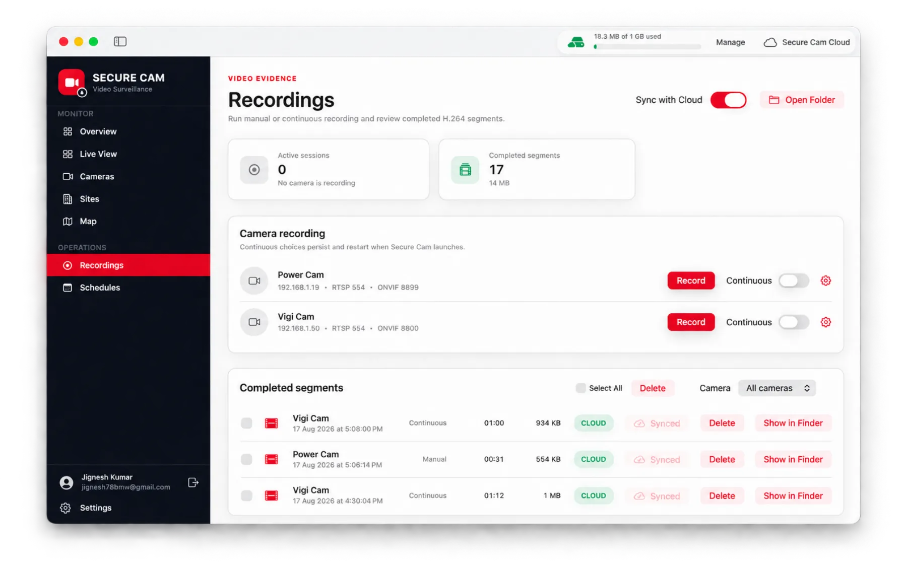 Recordings screen with continuous toggles and completed segments list