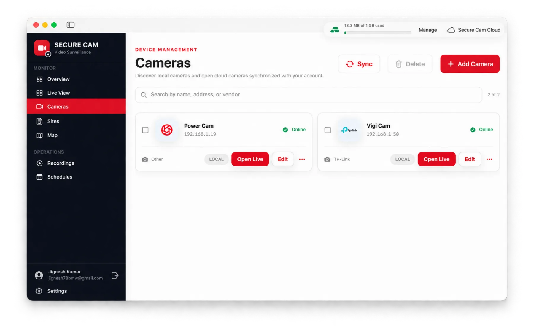 Secure Cam Cameras screen listing cameras with online status