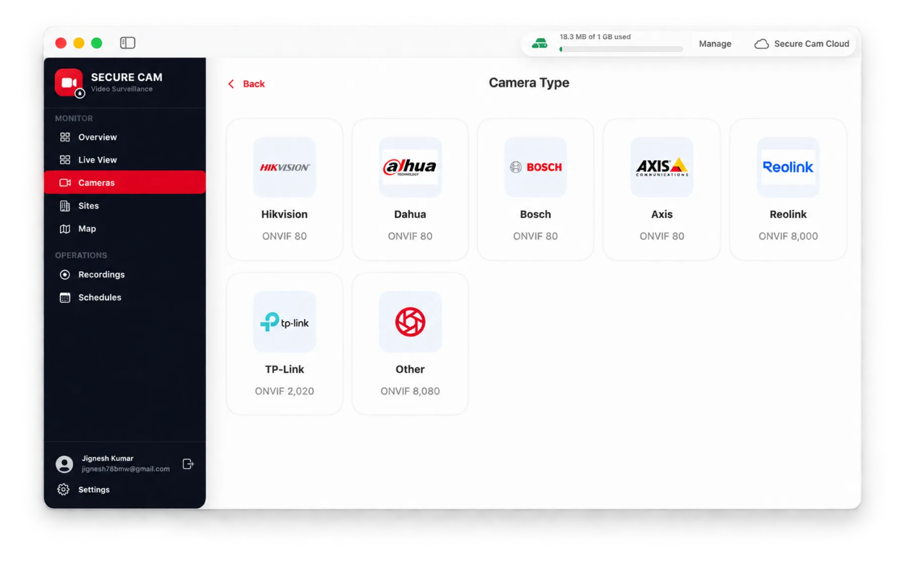 Camera type picker showing Hikvision, Dahua, Bosch, Axis, Reolink and TP-Link presets