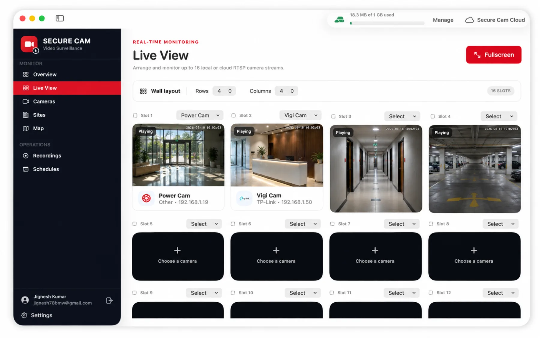 Secure Cam Live View wall with rows and columns of camera streams