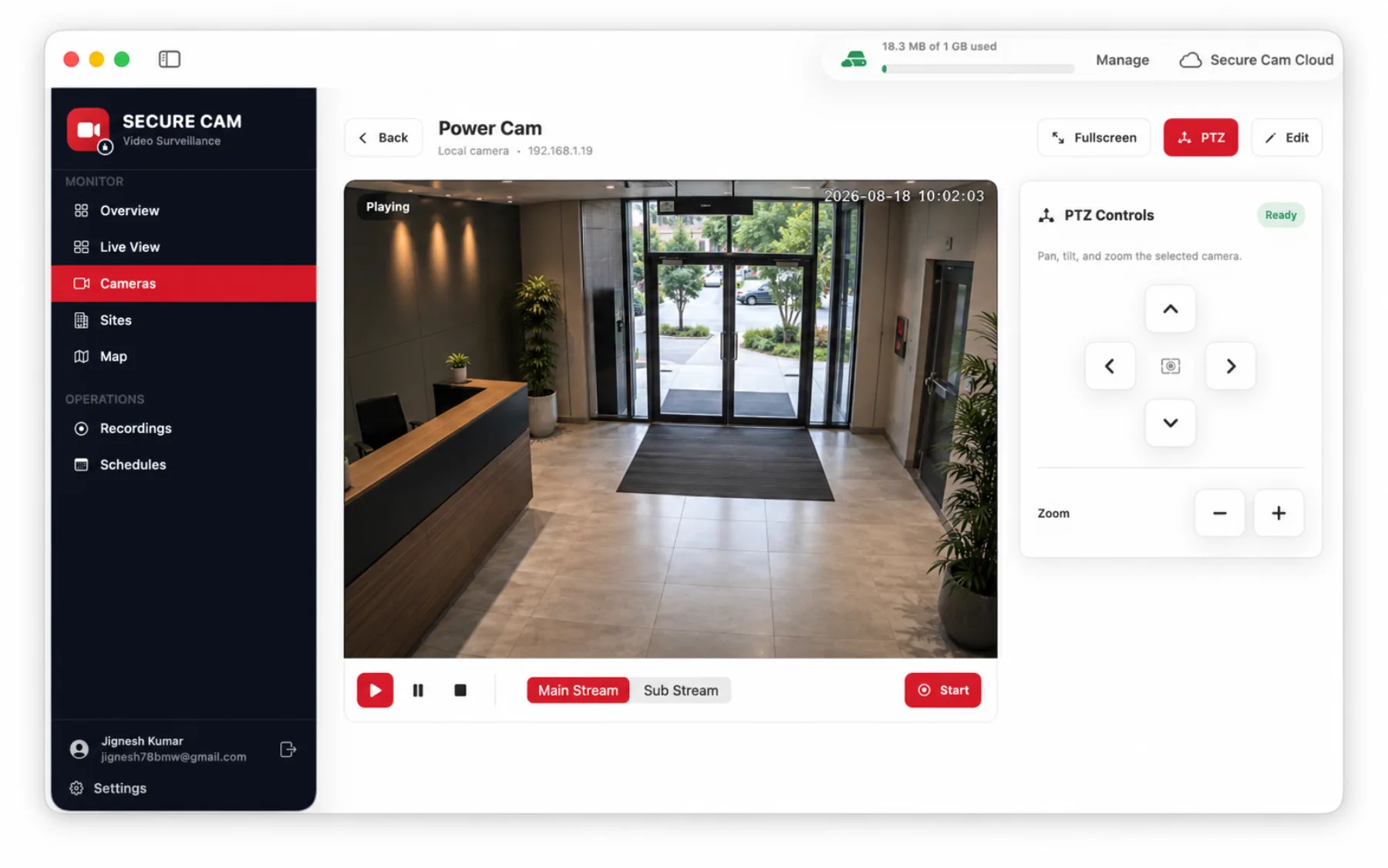 Individual camera view with PTZ controls, stream selection and record button